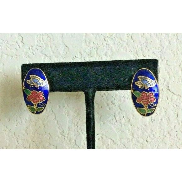 Vintage Cloisonne Gold Floral Pierced Earrings - Picture 2 of 6